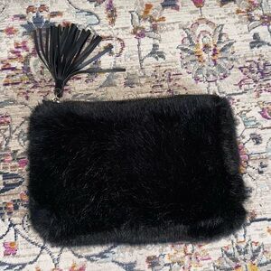 Black faux fur wristlet clutch